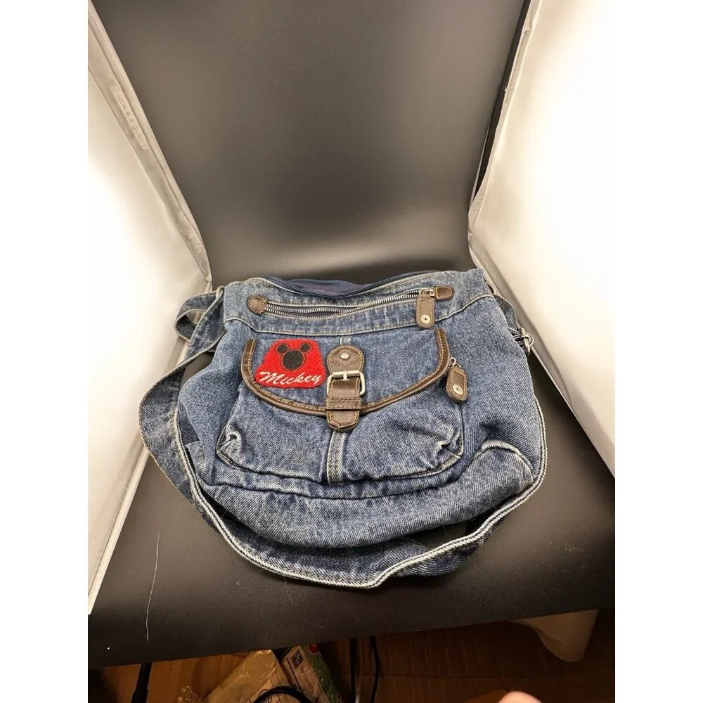 Vtg Mickey‎ Mouse Disney 1990s Dark Denim Jean Purse Bag Patches Zippers READ
